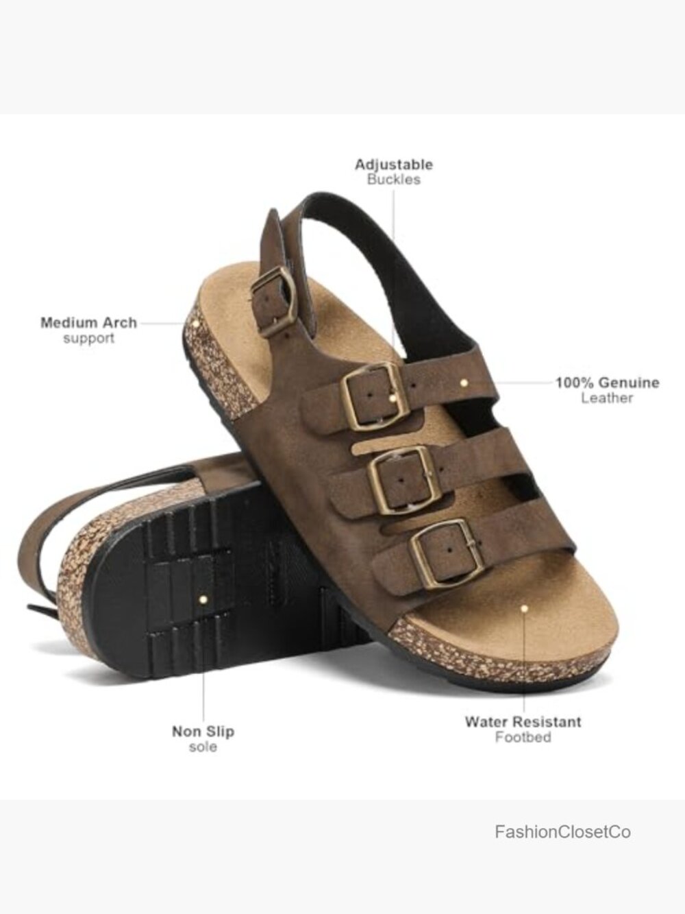 Women's Cork Footbed Sandals with Back Strap Adjustable Buckle Slingback Slides - Picture 5 of 6